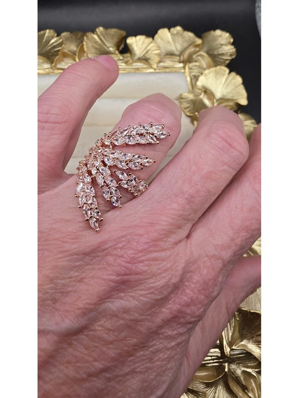 Adjustable 18K Gold Plated Wheat Spike Ring with Zirconia Stones